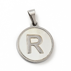 Letter R 304 Stainless Steel with White Shell Pendants, Stainless Steel Color, Flat Round with Letter Charm, Letter.R, 18x16x1.5mm, Hole: 3x6mm