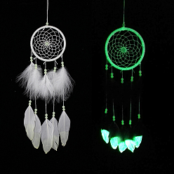 Round Luminous Woven Net/Web with Feather Wind Chimes, with Iron Findings, Glow in the Dark, for Home Hanging Ornament, Round, 500mm