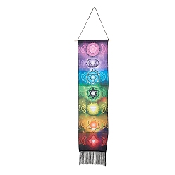 Round Chakra Theme Linen Wall Hanging Tapestry, Vertical Tapestry, with Tassel, Wood Rod & Iron Traceless Nail & Cord, for Home Decoration, Meditation, Rectangle, Round Pattern, 164cm