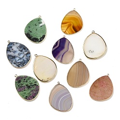 Mixed Stone Natural Mixed Stone Pendants, Rack Plating Brass Egg Charms, Golden, 41.5~43x30.5~31x2.4mm, Hole: 1.3~2mm