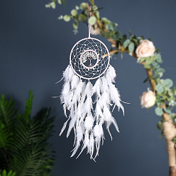 Feather Iron & Natural Quartz Crystal Woven Web/Net with Feather Pendant Decorations, with Imitation Pearl Beads, Flat Round with Tree Wall Hanging, 150mm