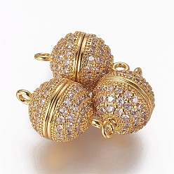 Golden Brass Micro Pave Cubic Zirconia Magnetic Clasps with Loops, Round, Clear, Golden, 15~15.5x10mm, Hole: 1.4mm
