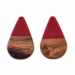 Rouge Foncé Pendentifs en résine opaque et bois de noyer, breloque en forme de larme, rouge foncé, 38x22x3mm, Trou: 2mm