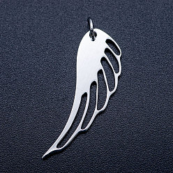 Stainless Steel Color 201 Stainless Steel Pendants, with Unsoldered Jump Rings, Wing, Stainless Steel Color, 31x11x1mm, Hole: 3mm, Jump Ring: 5x0.8mm