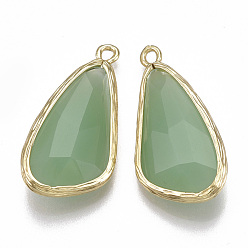 Green Glass pendants, with Brass Findings, Faceted, teardrop, Golden, Green, 28.5x14x6mm, Hole: 1.5mm