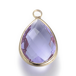 Lilac Glass Pendants, with Brass Findings, Faceted, Drop, Light Gold, Lilac, 22x13.5x6mm, Hole: 1.8~2.3mm