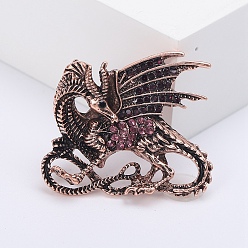 Red Copper Dragon Rhinestone Pins, Alloy Brooches for Unisex Gift, Red Copper, 39x33mm