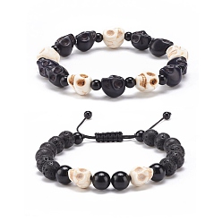 Lave 2 pcs 2 style pierre de lave naturelle et ensemble de bracelets de perles tressées crâne de pierres précieuses mélangées, bracelets réglables halloween pour femmes, diamètre intérieur: 2-1/8~3-1/4 pouce (5.5~8.3 cm), 1 pc / style