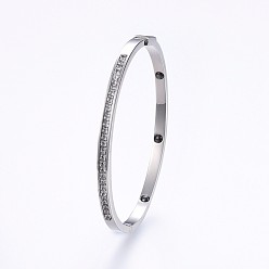 Stainless Steel Color 304 Stainless Steel Bangles, with Cubic Zirconia and Hematite, Stainless Steel Color, 2-1/4 inch(5.7cm)x1-7/8 inch(4.8cm), 4mm