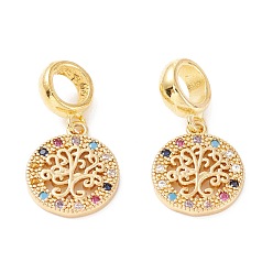 Colorful Brass Cubic Zirconia European Dangle Charms, Largr Hole Pendants, Long-Lasting Plated, Real 18K Gold Plated, Flat Round with tree, Colorful, 23mm, Hole: 5mm, Pendant: 14x12x2mm