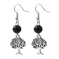 Black Fashion Tree of Life Earrings, with Tibetan Style Pendant, Glass Beads and Brass Earring Hook, Black, 50mm