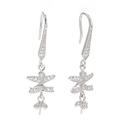 Platinum Rhodium Plated 925 Sterling Silver Earring Hooks, with Clear Cubic Zirconia, Bowknot, for Half Drilled Beads, Platinum, 36mm, 21 Gauge, Pin: 0.7mm and 0.6mm, Tray: 6x3mm
