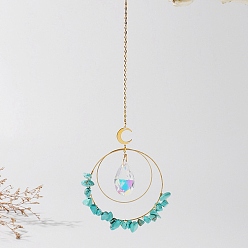 Synthetic Turquoise Electroplate Glass Teardrop Window Hanging Suncatchers, Synthetic Turquoise Chips & Golden Brass Moon Pendants Decorations Ornaments, 330x85mm
