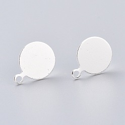 Silver Brass Stud Earring Findings, Long-Lasting Plated, with Loop and 925 Sterling Silver Pin, Flat Round, Silver, 13.3x10x0.5mm, Pin: 0.6mm