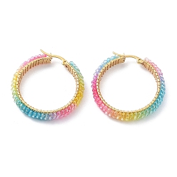 Coloré Boucles d'oreilles en acier inoxydable 304, semences de verre perles boucles d'oreilles, colorées, 36x36.5x6mm, pin: 1.2x0.6 mm