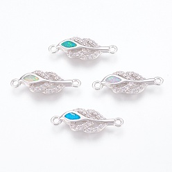 Mixed Color Brass Cubic Zirconia Links, with Synthetic Opal, Leaf, Platinum, Mixed Color, 22x8x2.5mm, Hole: 1.5mm
