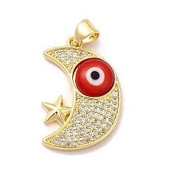 Red Rack Plating Brass Micro Pave Clear Cubic Zirconia Pendants, with Handmade Evil Eye Lampwork, Cadmium Free & Lead Free, Long-Lasting Real 18K Gold Plated, Moon with Star Charm, Red, 25x16.5x4mm, Hole: 5x3.5mm