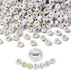 White DIY Bracelet Making Kits, Including Heart & Letter Flat Round Acrylic Beads, Elastic Thread, White, 550Pcs/bag