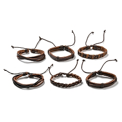 Coconut Brown 6Pcs 6 Style Adjustable Braided Imitation Leather Cord Bracelet Set with Waxed Cord for Men, Coconut Brown, Inner Diameter: 2-1/8~3-1/8 inch(5.5~8.2cm), 1Pc/style