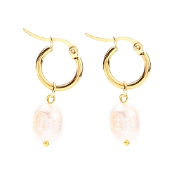 White 304 Stainless Steel Hoop Earrings, with Rice Natural Cultured Freshwater Pearl Beads, Golden, White, 37mm, Pin: 0.7x1mm