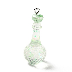 Spring Green Transparent Resin Pendants, with Platinum Tone Iron Findings and Glitter Powder, Wine Bottle Charms, Spring Green, 39.5x15.5mm, Hole: 2mm