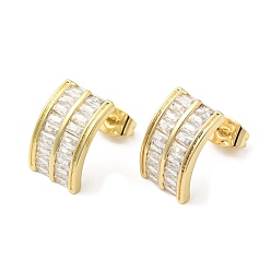 Real 18K Gold Plated Cubic Zirconia Curve Rectangle Stud Earrings, Brass Earrings for Women, Real 18K Gold Plated, 14x9mm