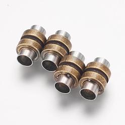 Antique Bronze 304 Stainless Steel Magnetic Clasps with Glue-in Ends, Column, Antique Bronze, 16x10mm, Hole: 6mm