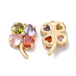Real 18K Gold Plated Brass with Colorful Glass Charms, Clover Charms, Real 18K Gold Plated, 12x8.5x3mm, Hole: 1mm