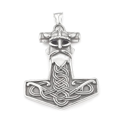 Antique Silver 304 Stainless Steel Big Pendants, Thor Hammer with Pirate Charm, Antique Silver, 61x47x6.5mm, Hole: 4x7mm