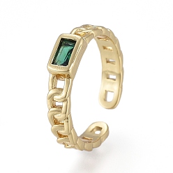 Зеленый Латунные микро проложить манжеты кольца кубического циркония, открытые кольца, долговечный, прямоугольные, форма обочины, реальный 18 k позолоченный, зелёные, Размер 6, внутренний диаметр: 17 мм