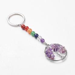 Amethyst Gemstone and Natural Amethyst Chakra Keychain, with Iron Key Rings and Brass Pendants, Ring with Tree of Life, Platinum, 110mm