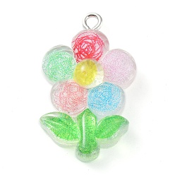 Flower Translucent Resin Pendants, Glitter Charms with Platinum Tone Iron Loops, Flower, 29x7.5x6.5mm, Hole: 2mm