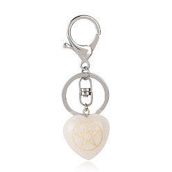 Cristal de Quartz Porte-clés cœur en cristal de quartz naturel avec symbole kore, Porte-clés en pierre d'énergie reiki, pour sac, bijoux, décoration cadeau, 9.5x3 cm