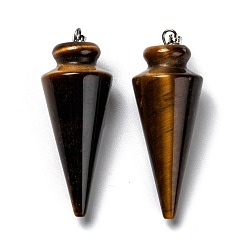 Tiger Eye Natural Tiger Eye Pendants, with Platinum Brass Findings, Cone, 40~44x15~16mm, Hole: 3x7mm