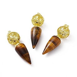 Tiger Eye Natural Tiger Eye Big Pendants, Cone Charms with Rack Plating Brass Hollow Ball, Golden, Cadmium Free & Lead Free, 57~58x17.5~18mm, Hole: 8x5mm