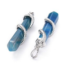 Natural Agate Natural Agate Big Pointed Pendants, with Platinum Plated Brass Bails, Faceted, Bullet with Snake, Dyed & Heated, Steel Blue, 59~61.5x11~12x11~12mm, Hole: 5x8mm