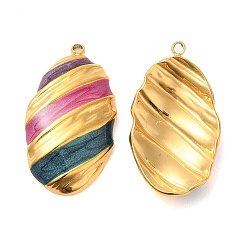 Teal Enamel Pendants, with 304 Stainless Steel Finding, Real 18K Gold Plated, Oval Charm, Teal, 26.5x14.5x4mm, Hole: 1.4mm