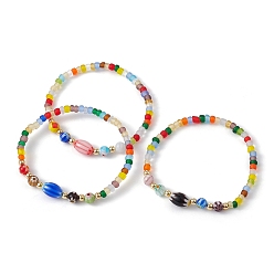 Couleur Mélangete Bracelet extensible en verre millefiori fait à la main et perles de graines, couleur mixte, diamètre intérieur: 2-1/4 pouce (5.6 cm)