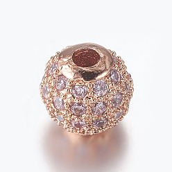 Plum Brass Micro Pave Cubic Zirconia Beads, Round, Rose Gold, Plum, 8mm, Hole: 1.5mm