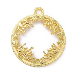 Golden Zinc Alloy Open Back Bezel Pendants, For DIY UV Resin, Epoxy Resin, Pressed Flower Jewelry, Ring with Ocean Plants, Golden, 34x30x3mm, Hole: 3mm