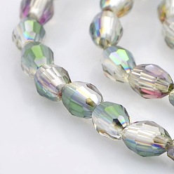Clear Half Rainbow Plated Glass Faceted Rice Beads Strands, Clear, 6x4mm, Hole: 1mm, about 72pcs/strand, 16 inch