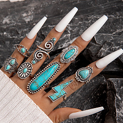 Turquesa Sintético 8piezas 8 conjuntos de anillos de dedo de color turquesa sintético estilo para mujer, anillos apilables de aleación, diámetro interior: 15~18 mm, 1 pc / estilo