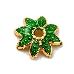 Verde Tapas de perlas de esmalte de aleación de múltiples pétalos, sin plomo y cadmio, dorado, flor, verde, 7.5x7x2 mm, agujero: 1 mm