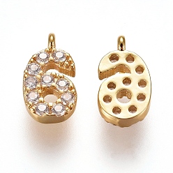 Number Brass Micro Pave Clear Cubic Zirconia Charms, Number, Golden, Num.6, 9.5~10x4~6.5x2mm, Hole: 0.8mm