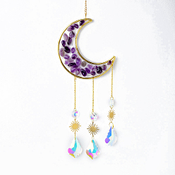 Amethyst Natural Amethyst Chips Moon Pendant Decoration, Hanging Suncatchers, with Glass Teardrop Charm, for Home Garden Decoration, 400mm