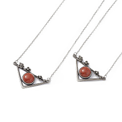Piedra Roja Collar con colgante de flor y triángulo de jaspe rojo natural, joyas antiguas de plata y latón platino para mujer, sin plomo y cadmio, 19.76 pulgada (50.2 cm)