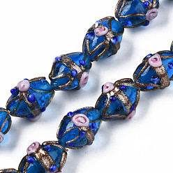 Bleu Bleuet Brins de perles au chalumeau de sable d'or faites à la main, ovale avec fleur, bleuet, 16~17x13~15x12~13mm, Trou: 1.4~1.8mm, Environ 30 pcs/chapelet, 19.69 pouce (50 cm)
