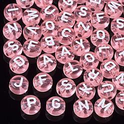 Pink Transparent Acrylic Beads, Horizontal Hole, Mixed Letters, Flat Round, Pink, 7x4mm, Hole: 1.5mm, about 3700pcs/500g