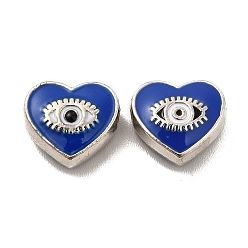Blue Alloy Enamel Beads, Heart with Horse Eye, Platinum, Blue, 9x10x4mm, Hole: 1.6mm