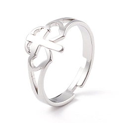 Нержавеющая Сталь Цвет Двойное сердце с крестом 304 регулируемое кольцо из нержавеющей стали для женщин, цвет нержавеющей стали, внутренний диаметр: американский размер 7 1/4 (17.5 мм)